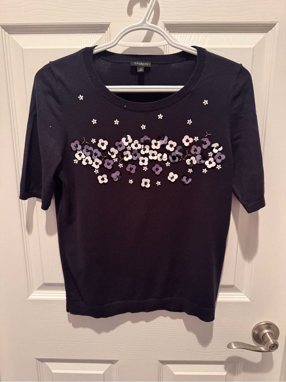 Talbots navy Floral Appliqué Short Sleeve Knit Top